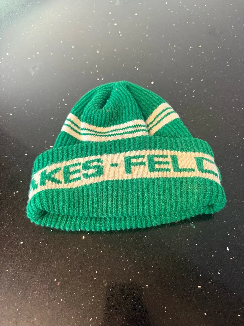 Land O Lakes Butter Green Knit Beanie Hat with Cream Stripe